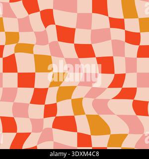 Christmas wavy groovy checker vector background. Retro holiday fluid abstract checkerboard backdrop. Xmas curved distorted check abstract geometric seamless pattern. Pink, red, and gold color Stock Vector
