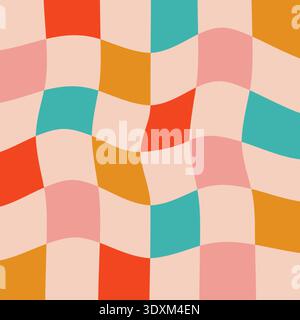 Christmas wavy groovy checker vector background. Retro holiday fluid abstract checkerboard backdrop. Xmas curved distorted check abstract geometric pattern. Pink, red, green, and gold color Stock Vector