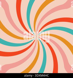 Acid wave rainbow line background in the 1970s 1960s hippie style. carnival wallpaper pattern retro vintage 70s 60s groove. Psychedelic poster background. Vector design illustration. Gold and pink Stock Vector