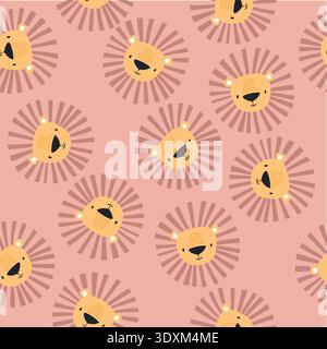 Cute lion seamless pattern. Hand-drawn vector illustration for posters, cards, t-shirts, texture for fabric, wrapping, textile, wallpaper, and apparel. Childish background with animal faces  Stock Vector