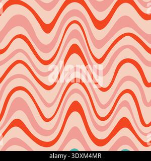 Christmas hippie retro 70s background. Wavy lines wallpaper. Vector red and pink illustration. Merry Christmas and Happy New Year background, textile, wrapping paper, print Stock Vector