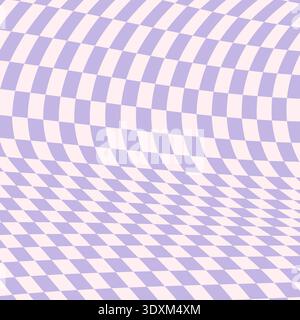 Purple distorted checkerboard background. Retro psychedelic checkered wallpaper. Wavy groovy chessboard surface. Trippy twisted geometric pattern. Abstract vector backdrop Stock Vector
