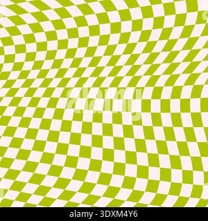 Green distorted checkerboard background. Retro psychedelic checkered wallpaper. Wavy groovy chessboard surface. Trippy twisted geometric pattern. Abstract vector backdrop Stock Vector