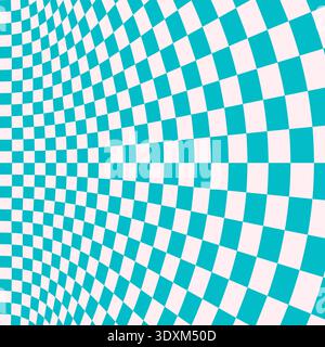 Blue distorted checkerboard background. Retro psychedelic checkered wallpaper. Wavy groovy chessboard surface. Trippy twisted geometric pattern. Abstract vector backdrop Stock Vector