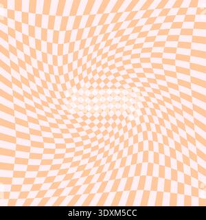 Orange distorted checkerboard background. Retro psychedelic checkered wallpaper. Wavy groovy chessboard surface. Trippy twisted geometric pattern. Abstract vector backdrop Stock Vector