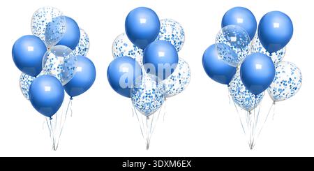 3d balloon bunch float, minimal happy birthday gift. Vector realistic blue mockup on white bg, Party mid air decor, isolated invitation design element Stock Vector