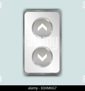 Metallic elevator buttons with white arrow symbol and blue wall. Vector design. Stock Vector