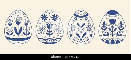 Floral folk Easter egg set with detailed botanical motifs. Blue ink outline vector illustration on beige background  Stock Vector