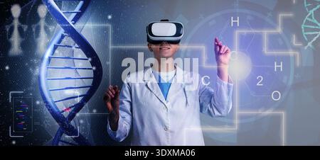Scientist using VR headset, double exposure with virtual elements. Future technology in biochemistry Stock Photo