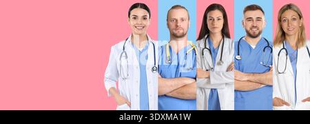 Professional healthcare workers on color background. Equality and unity for saving lives Stock Photo