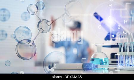 Scientist using VR headset, double exposure with virtual elements. Future technology in biochemistry Stock Photo