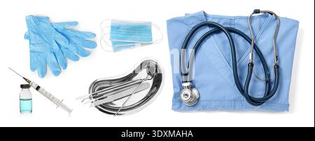 Surgical tools, uniform, medical masks and gloves isolated on white, set Stock Photo