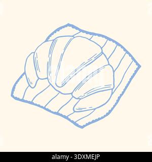 Hand drawn croissant on napkin in minimalist blue line style. French bakery pastry vector illustration ideal for cafe menu, breakfast branding Stock Vector