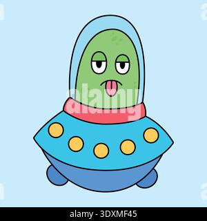 Funny cartoon alien in a flying saucer. Hand-drawn illustration. Vector illustration isolated on a white background. Vector illustration. Stock Vector