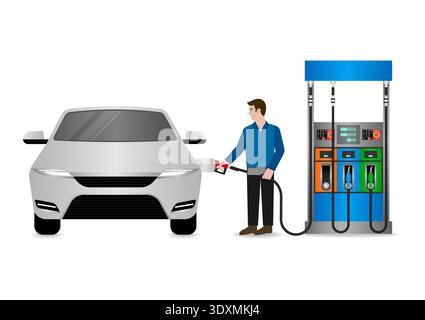 Man Refueling Car at Gas Station. Vector Illustration. Stock Vector