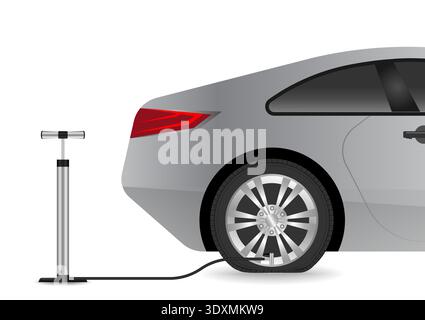 Hand Air Pump and Tire. Automobile Air Pump. Vector Illustration. Stock Vector