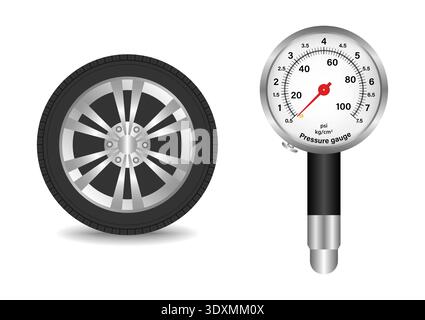 Tire Pressure Gauge. Tire Pressure Check Equipment. Vector Illustration. Stock Vector