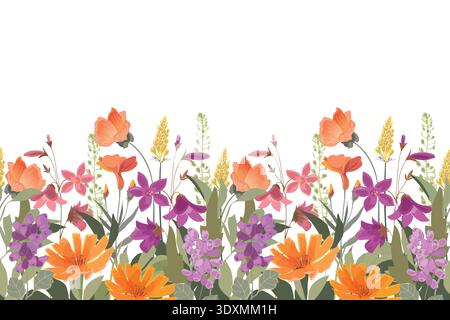 Vector floral seamless pattern, border. Pink, orange, purple flowers Stock Vector