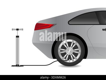 Hand Air Pump and Tire. Automobile Air Pump. Vector Illustration. Stock Vector