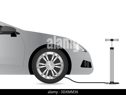 Hand Air Pump and Tire. Automobile Air Pump. Vector Illustration. Stock Vector