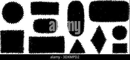 Hand drawn crayon stamps and boxes collection. Doodle rough edge borders and frames set. Black sketched playful geometric shape pack for sticker, logo, collage, postcard, patch, label, icon. Vector Stock Vector