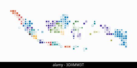 Indonesia, shape of the country built of colored cells. Digital style map of Indonesia on a white background. Small size square blocks. Stock Vector