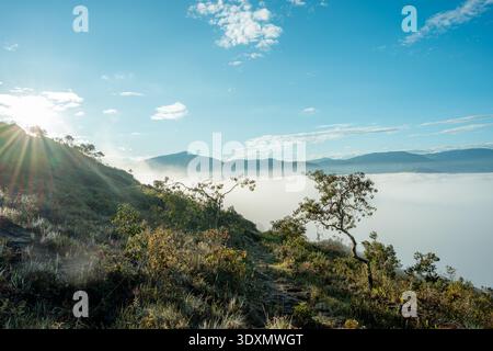 Sunlight is casting long rays across a mountain slope overlooking a serene valley filled with dense fog, with clear blue sky and distant mountains in Stock Photo