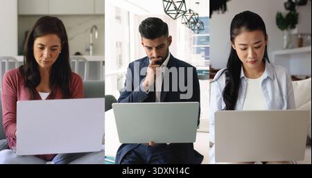 Split portrait of diverse young business professionals working on laptop Stock Photo