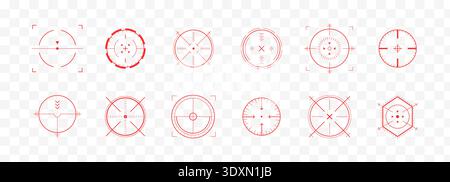 Crosshair Hud red. Precision target and aim icon set. Shooting games or military Hud design. Futuristic tech elements for Sci Fi and combat visuals Stock Vector