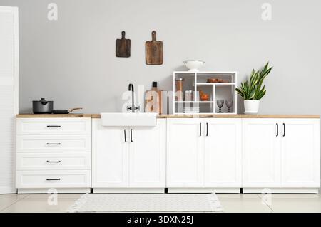 Interior of light kitchen with white counters, houseplant and utensils Stock Photo