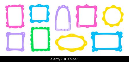 Frame border hand drawn cute set. Cute doodle frame border square, rectangle line photo picture shapes. Cartoon children kids bow scallop lace stamp retro vintage card. Vector illustration Stock Vector