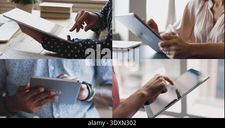 Cropped shots of millennial people typing on tablet computer Stock Photo