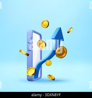 3D phone with blue rising arrow and golden coin. Stock Vector