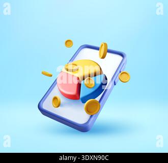 3D Mobile phone and colorful pie chart with coins Stock Vector