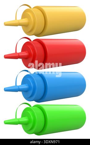 Set of plastic squeeze ketchup and mustard bottles with pointed cone caps lined up side by side isolated on white background Stock Photo