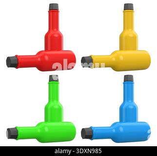 Set of glossy plastic sauce bottles with colorful caps, isolated on a white background, kitchen utensil concept Stock Photo
