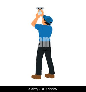 A professional technician in a blue uniform is installing a lightbulb. Ideal for electrical services, home maintenance, and repair themes. Stock Vector