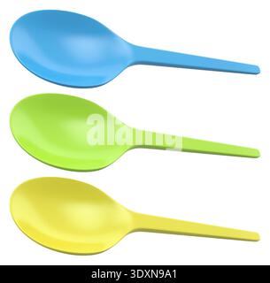 Set of plastic spoons displayed side by side, isolated on white background, concept of kitchenware and disposable utensils Stock Photo
