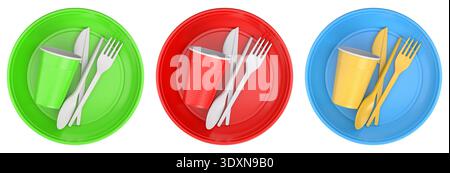 Set of colorful plastic tableware sets with plates, cups, and matching cutlery isolated on white background, Stock Photo