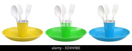 Set of colorful plastic tableware sets with plates, cups, and matching cutlery isolated on white background, Stock Photo