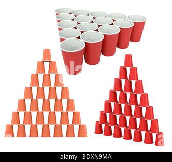 Colorful plastic cups arranged in triangle shapes and isolated on white, symbolizing party games and beverage fun Stock Photo