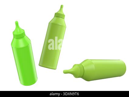 Set of plastic squeeze ketchup and mustard bottles with pointed cone caps lined up side by side isolated on white background Stock Photo