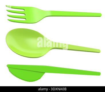 Set of plastic fork, knife, and spoon isolated on white background, representing disposable tableware concept Stock Photo
