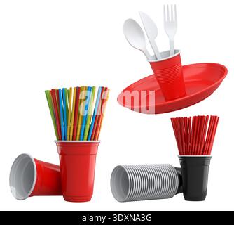 Multiple colorful plastic straws arranged in plastic cups isolated on white background, symbolizing party beverages Stock Photo
