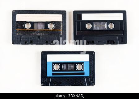 Three Old Audio Cassettes on the White Background closeup Stock Photo