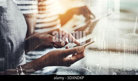 City, double exposure and hands with smartphone, office or communication with contact for investment. Corporate, overlay and people with tech for Stock Photo