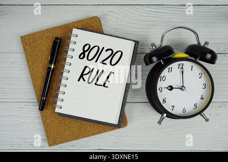 80 20 Rule text written on notepad with alarm clock on wooden background Stock Photo