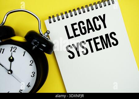 Legacy Systems text with alarm clock flat lay on yellow background Stock Photo