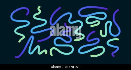 Vibrant neon lines flow across gradient background creating dynamic waves of light. Abstract glowing ribbons form modern pattern with blue streaks in Stock Vector