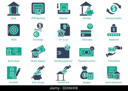 Bank icon set. solid icon style. Containing icon ATM machine, savings, bank statement and more. Bank element vector illustration Stock Vector